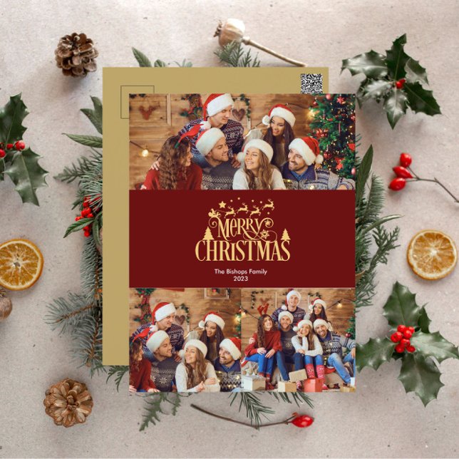 3 Photo Merry Christmas in Gold Holiday Postcard (Creator Uploaded)