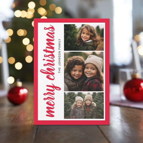 3 Photo Merry Christmas Red Border _ Calligraphy Holiday Card