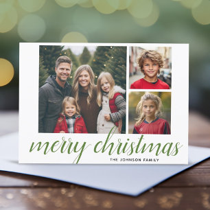 3 Photo Merry Christmas Script Green Damask Holiday Card