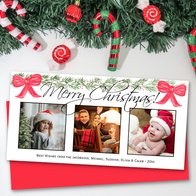 3 Photo Merry Christmas Watercolor Garland & Bows Holiday Card (In Situ Front/Back)