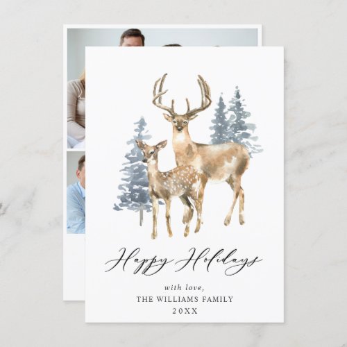 3 PHOTO Minimalist Elegant Deer Christmas Tree Holiday Card