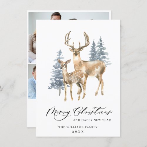 3 PHOTO Minimalist Elegant Deer Christmas Tree Holiday Card
