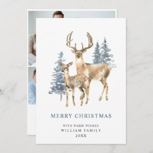3 PHOTO Minimalist Elegant Deer Christmas Tree Holiday Card