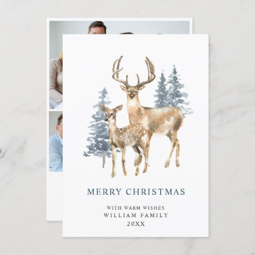 3 PHOTO Minimalist Elegant Deer Christmas Tree Holiday Card