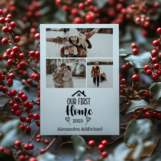 3 Photo Minimialist Christmas Our First Home Holiday Card (Creator Uploaded)