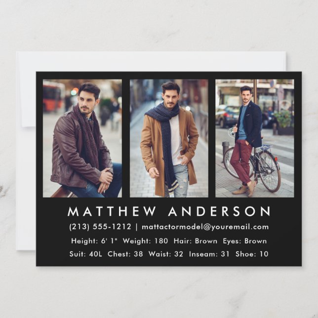 3 Photo Model Actor Comp Card Black (Front)