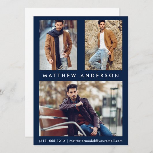 3 Photo Model Actor Comp Card - Blue Front (Front/Back)