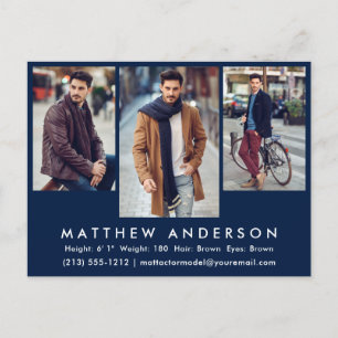 3 Photo Model Actor Photo Comp Card Postcard Blue