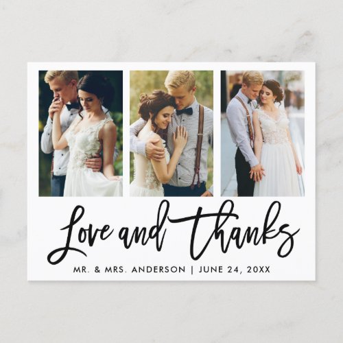 3 Photo Modern Brush Script Wedding Love Thanks Postcard