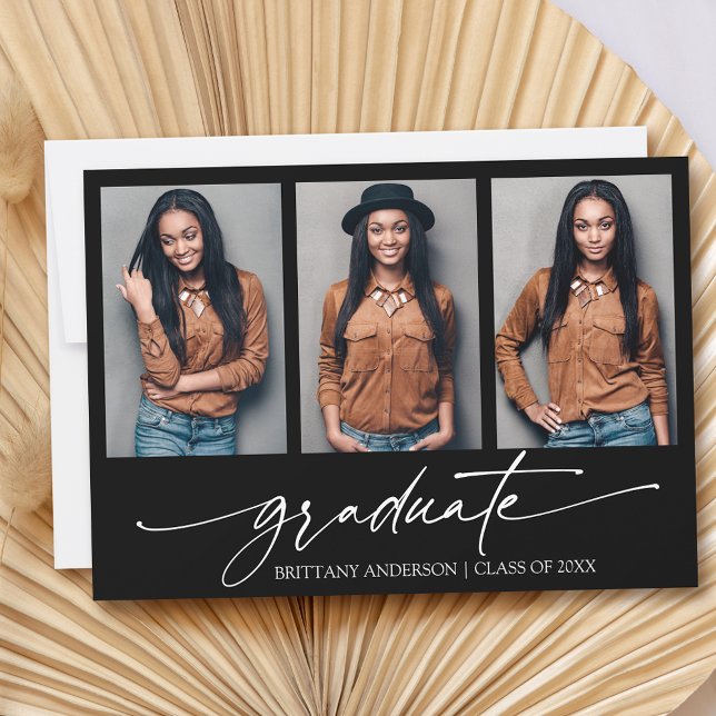 3 Photo Modern Calligraphy Ink Script Graduation Announcement (Customize to add text to back of card.)