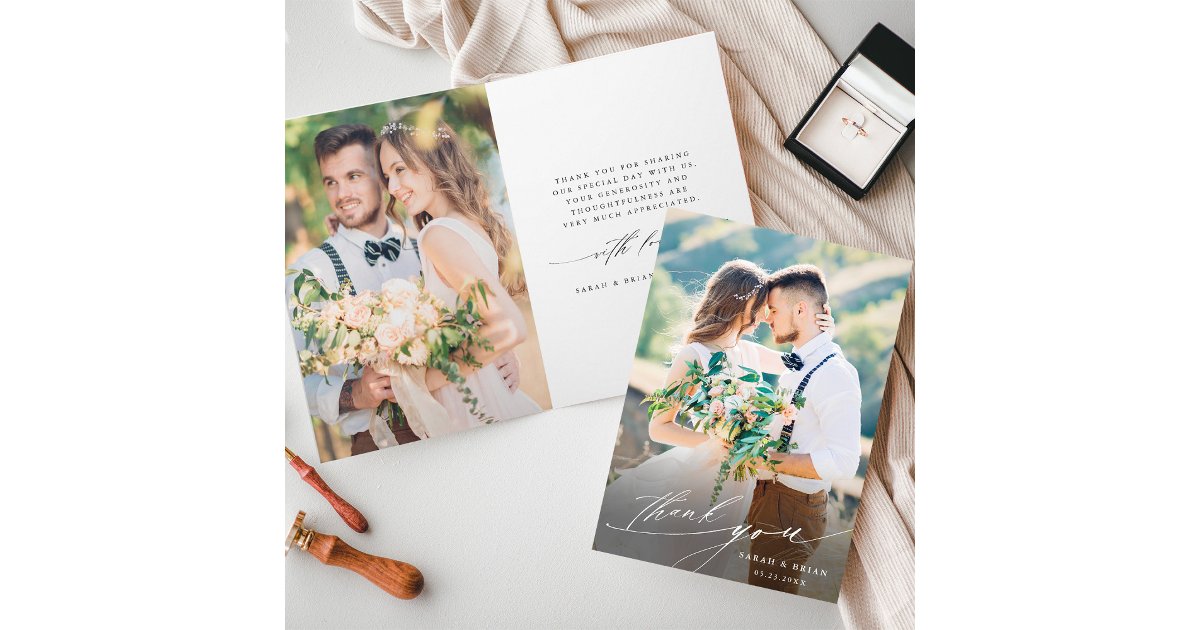 3 Photo Modern Chic Calligraphy Wedding Folded Thank You Card | Zazzle