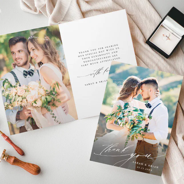 3 Photo Modern Chic Calligraphy Wedding Folded Thank You Card | Zazzle