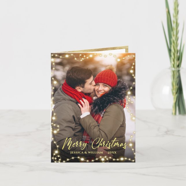 3 PHOTO Modern Christmas String Light Greeting Holiday Card (Front)