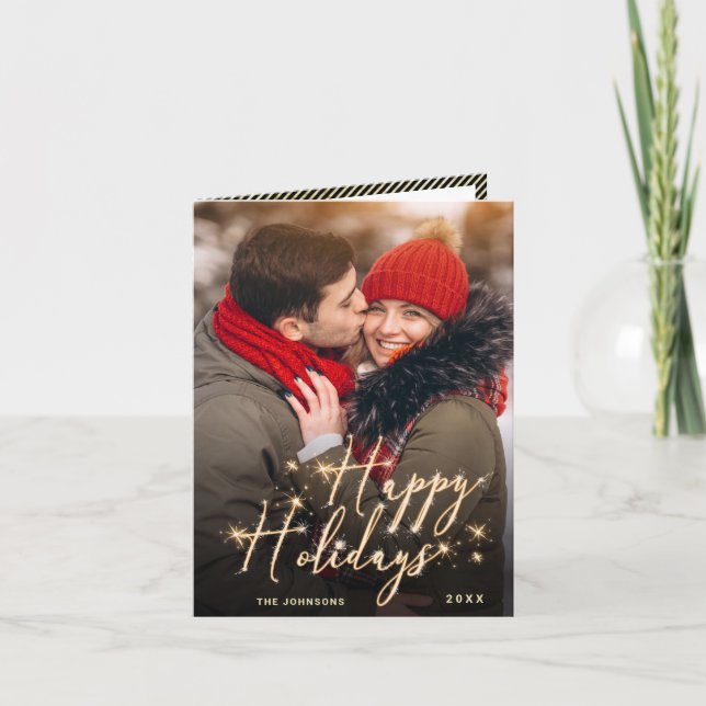 3 PHOTO Modern Golden Christmas Greeting Holiday Card (Front)
