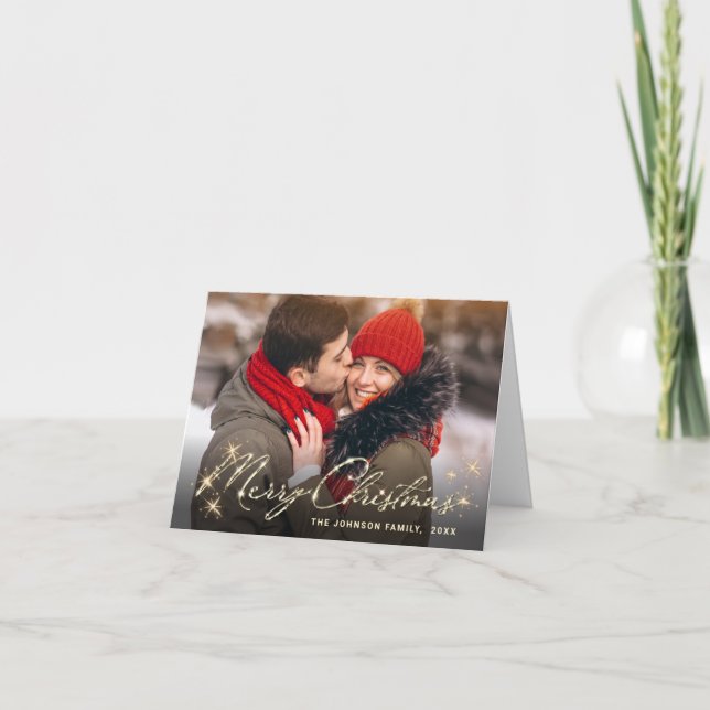 3 PHOTO Modern Golden Christmas Greeting Holiday Card (Front)