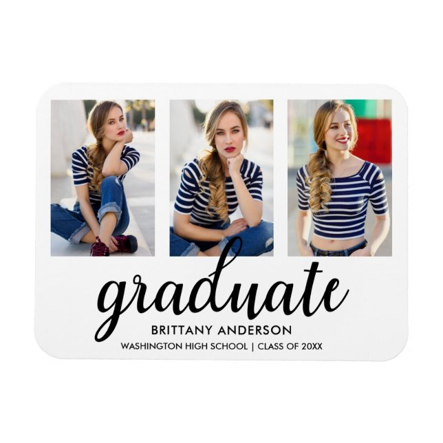 3 Photo Modern Graduation Announcement WB Magnet (Horizontal)