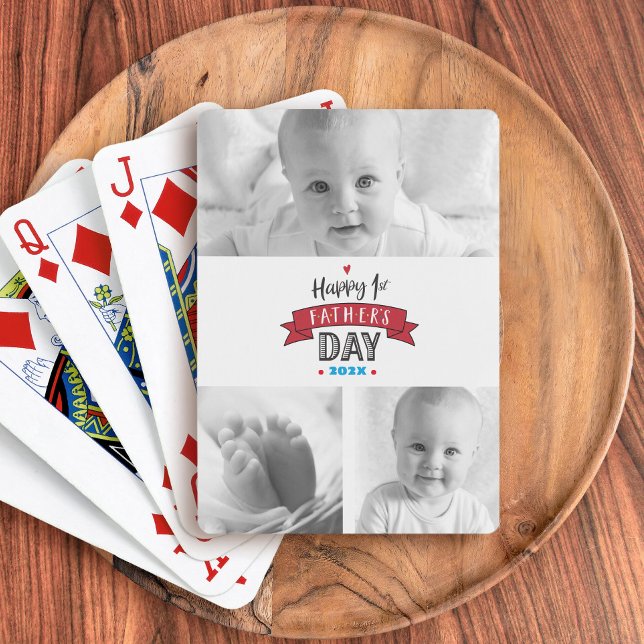 3 Photo Modern Happy 1st Father’s Day Red Heart Poker Cards (Creator Uploaded)