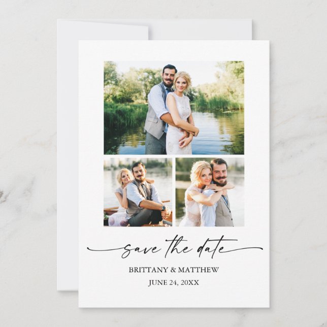 3 Photo Modern Minimalist Ink Pen Script Save The Date (Front)