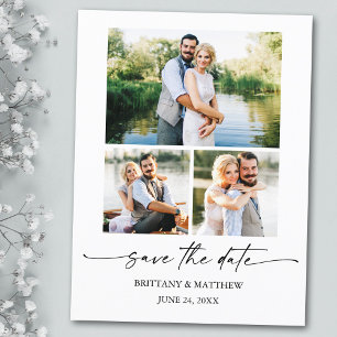 3 Photo Modern Minimalist Ink Script Save The Date Postcard