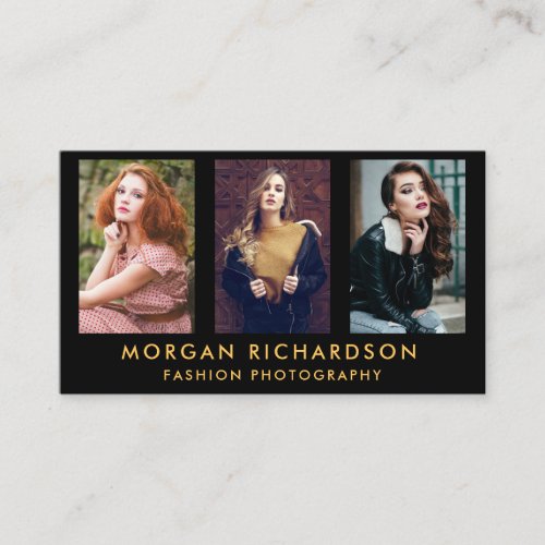 3 Photo Modern Photographer Black and Gold Business Card