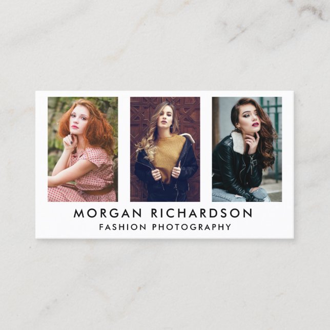 3 Photo Modern Photographer Wht Business Card (Front)