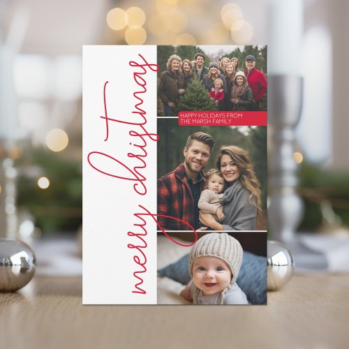 3 Photo Modern Red Calligraphy Merry Christmas Holiday Card
