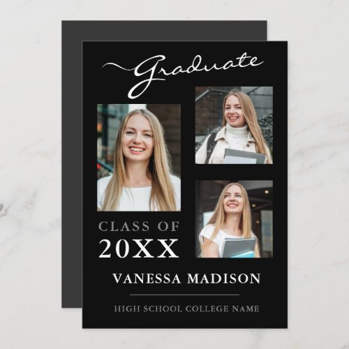 3 photo Modern Script Black Elegant Graduation Announcement