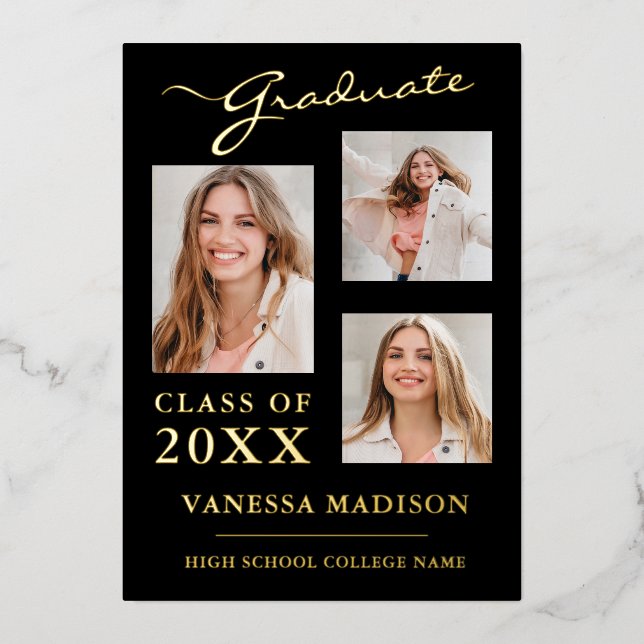 3 Photo Modern Script Black Gold Grad Announcement (Front)