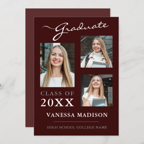 3 photo Modern Script Burgundy Rose Graduation Announcement