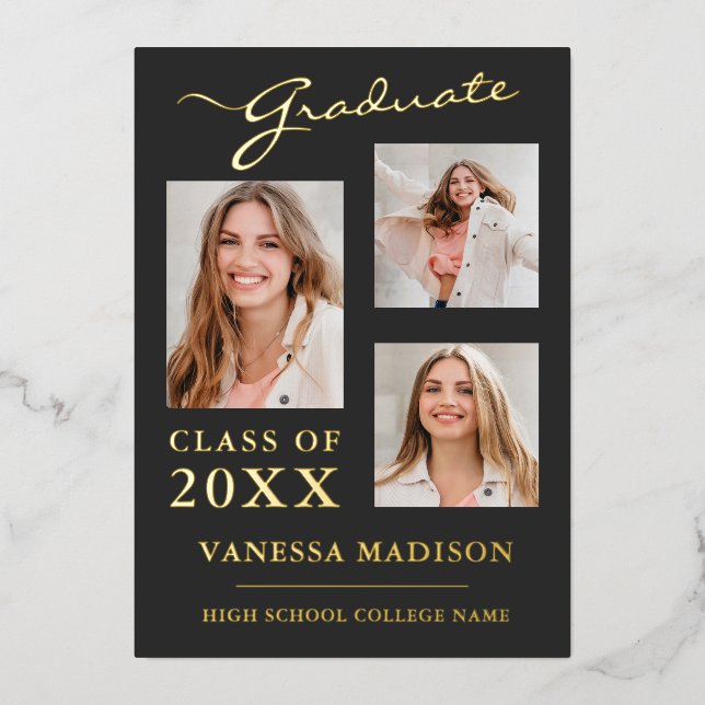 3 Photo Modern Script Gray Grad Announcement (Front)