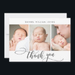 3 Photo Modern Script Newborn Baby Thank You Card<br><div class="desc">Simple Modern Elegant Calligraphy Script 3 Photo Collage Newborn Baby Thank You Birth Announcement Card. Features a beautiful "thank you" text in a hand lettered typography or calligraphy swash tail font script. Great for baby boy or baby girl. Pre-made personal message and birth statistics with baby's name are included in...</div>
