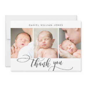 3 Photo Modern Script Newborn Baby Thank You Card