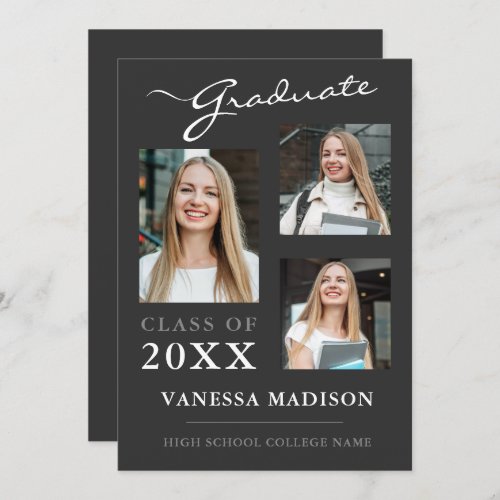 3 photo Modern Script Platinum Gray Graduation Announcement