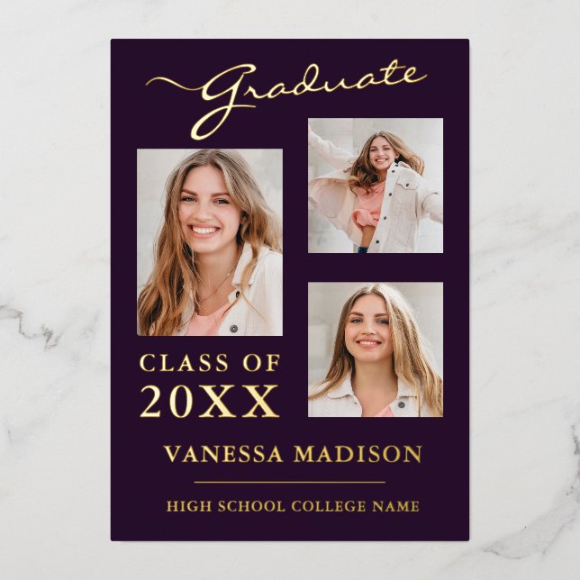 3 Photo Modern Script Purple Grad Announcement (Front)