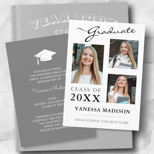 3 Photo Modern Script White Elegant Graduation Announcement