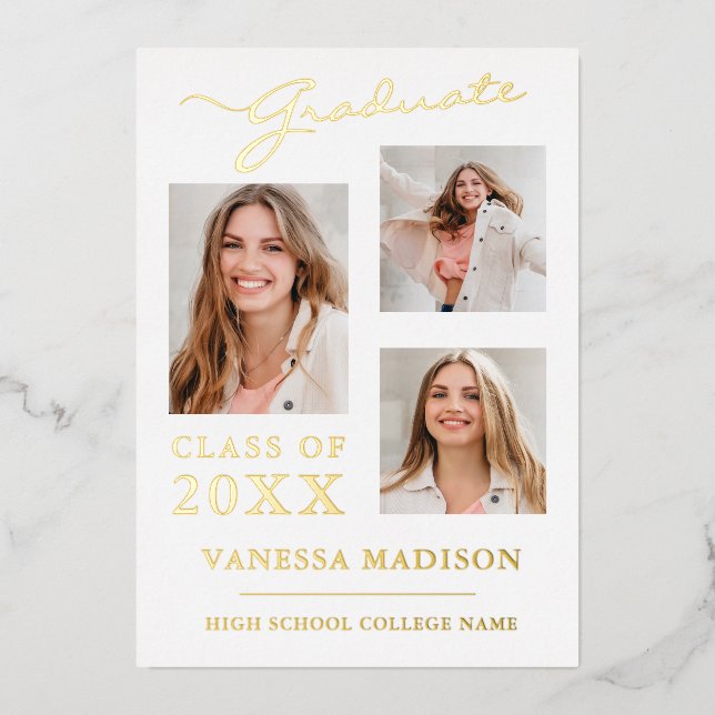 3 Photo Modern Script White Gold Grad Announcement (Front)