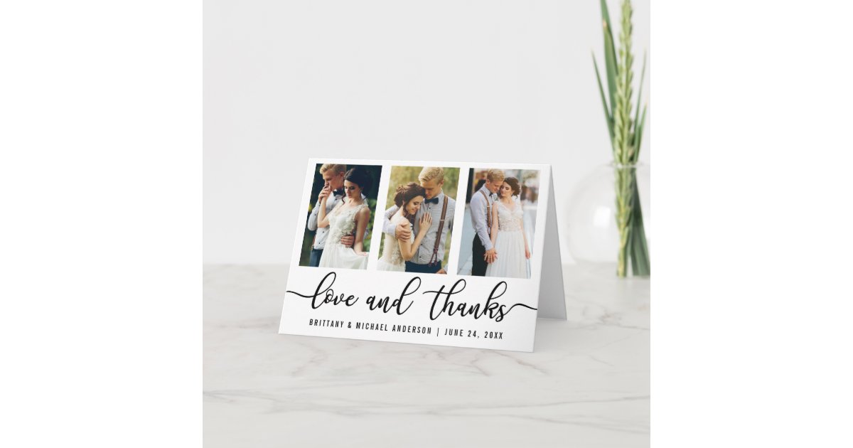 3 Photo Modern Wedding Love and Thanks Fold Thank You Card | Zazzle