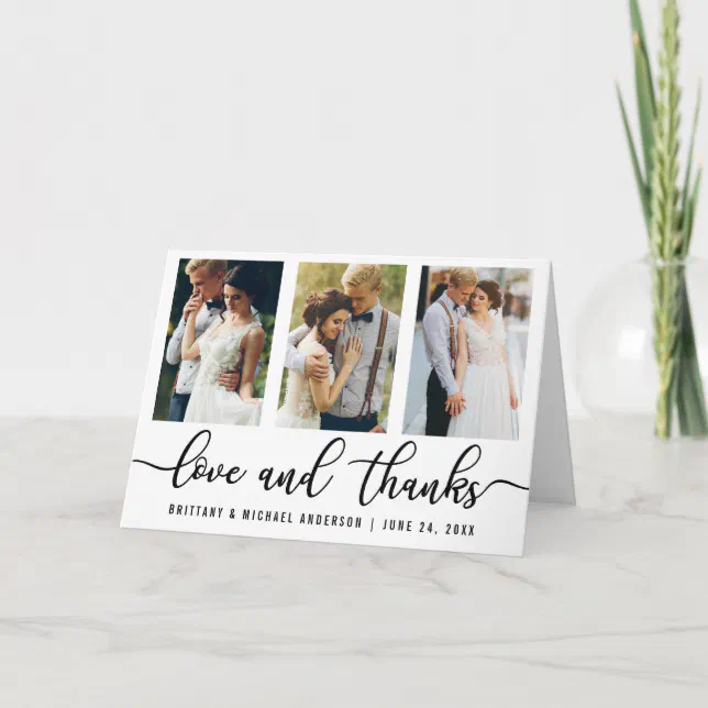 3 Photo Modern Wedding Love and Thanks Fold Thank You Card | Zazzle