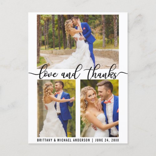 3 Photo Modern Wedding Love and Thanks Script Postcard