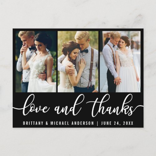 3 Photo Modern Wedding Love Thanks White Script Postcard