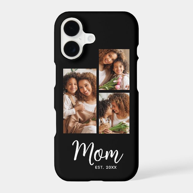 3 Photo Mom Established Date Modern Script Black Case-Mate iPhone Case (Back)