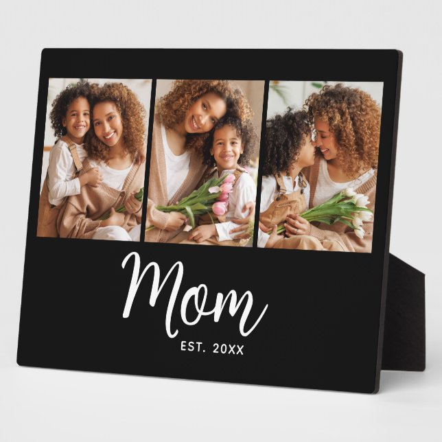 3 Photo Mom Established Date White Script on Black Plaque (Side)