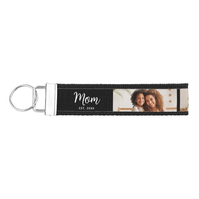 3 Photo Mom Established Date White Script on Black Wrist Keychain (Keys on Left)