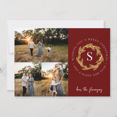 3 Photo Monogram Maroon Sage Merry Christmas Holiday Card