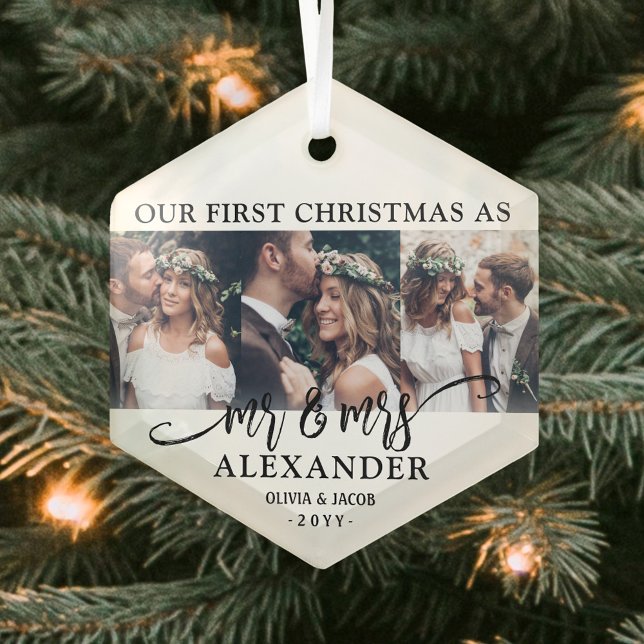 3 Photo Mr & Mrs 1st Christmas Black White Hexagon Glass Ornament (Creator Uploaded)