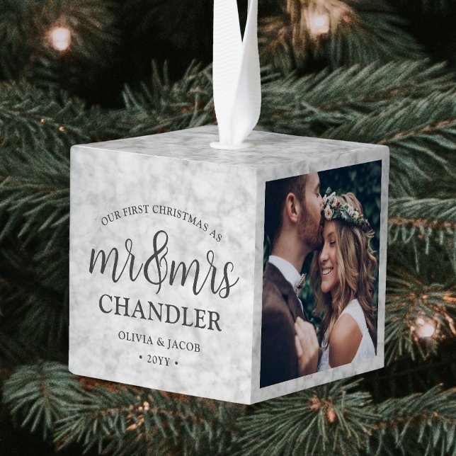 3 Photo Mr & Mrs 1st Christmas Elegant Faux Marble Cube Ornament (Creator Uploaded)