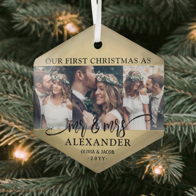 3 Photo Mr & Mrs 1st Christmas Faux Gold Foil Glass Ornament (Creator Uploaded)