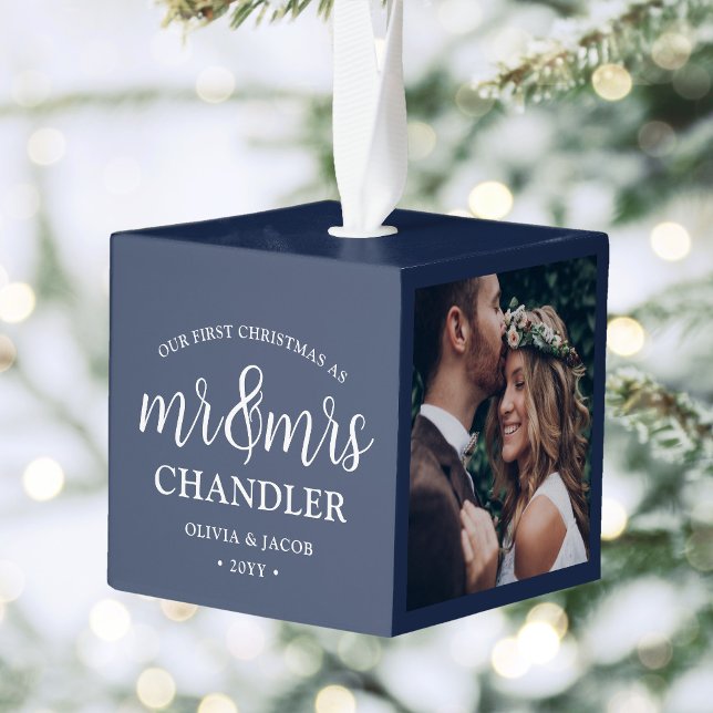 3 Photo Mr & Mrs 1st Christmas Newlyweds Navy Blue Cube Ornament (Creator Uploaded)
