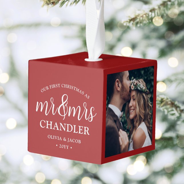 3 Photo Mr & Mrs 1st Christmas Newlyweds Red Cube Ornament (Creator Uploaded)