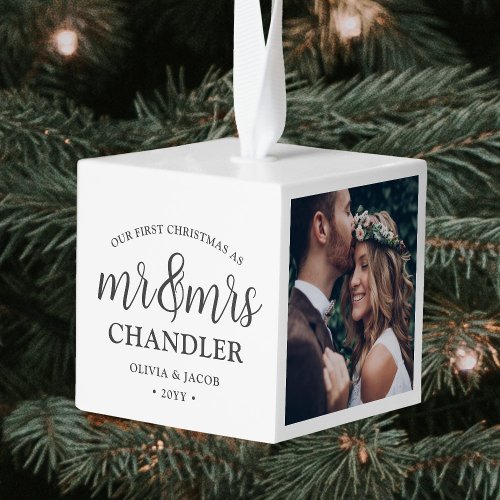 3 Photo Mr &amp; Mrs 1st Christmas Newlyweds Square Cube Ornament
